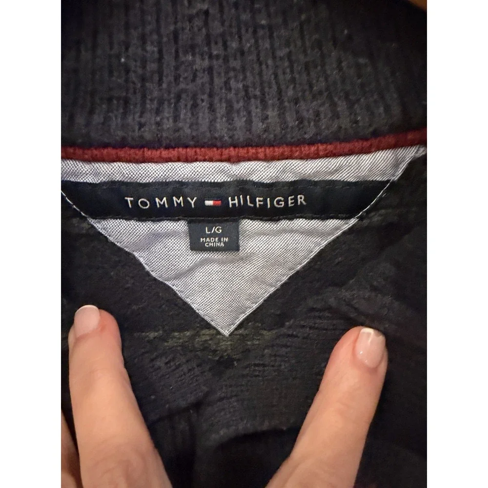 Tommy Hilfiger Men's Fair Isle Knit Sweater L Blue Mock‎ Neck Button Pullover